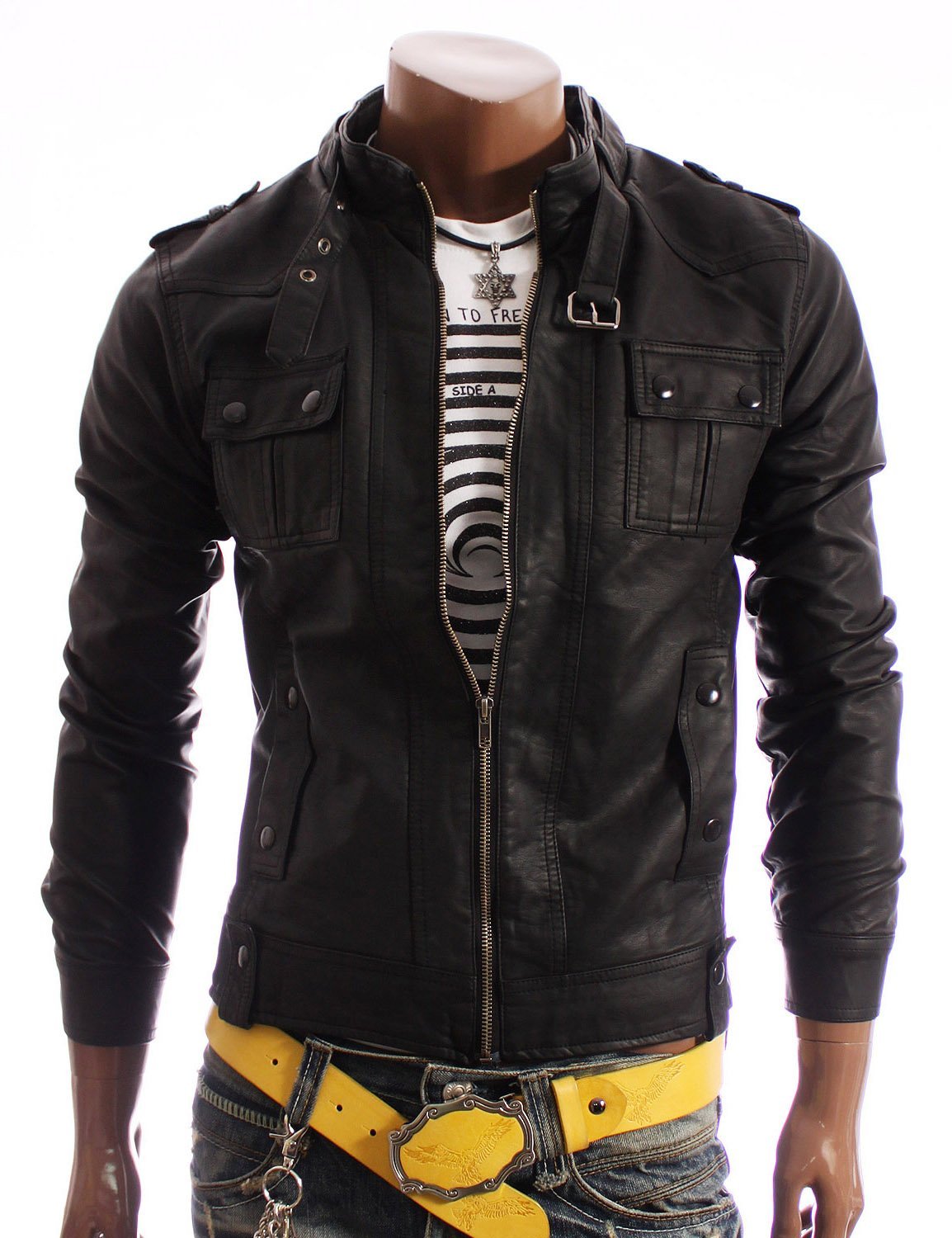 Handmade Custom New Men Strap Pockets Belted Collar Leather Jacket Handmade Custom New Men Strap Pockets Belted Collar Leather Jacket For Biker Motorcycle